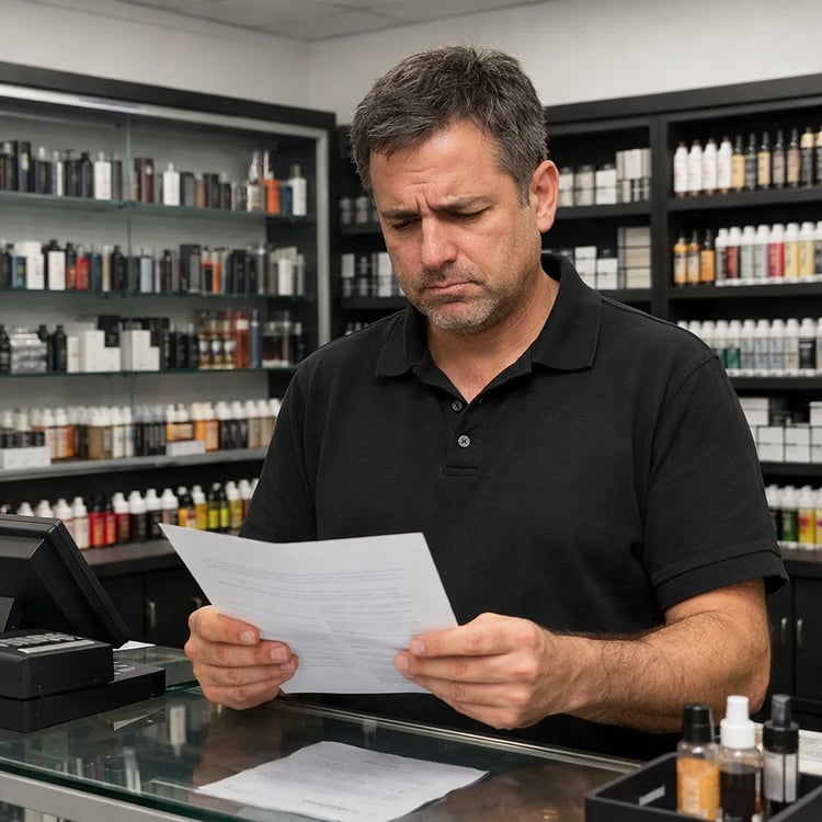 A modern smoke shop interior focused on vape products shot from eye level Glass display cases and neatly organized vape inventory line the walls In th-2