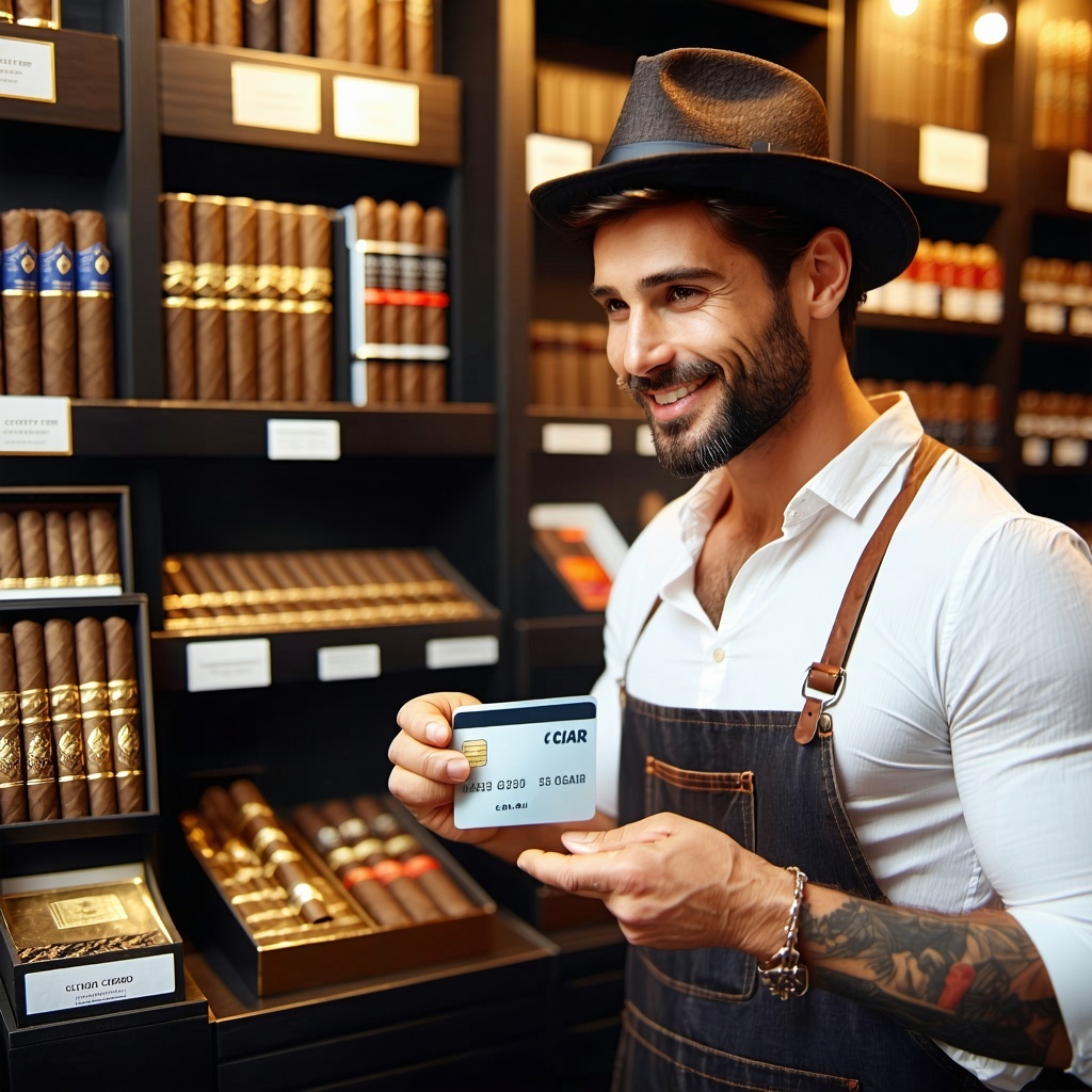 a cigar shop owner accepting a credit card from a customer